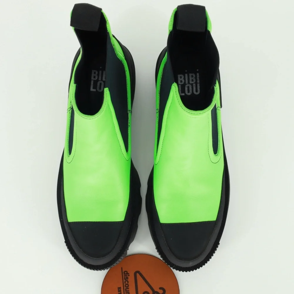 BIBI LOU Ankle Leather Boots Acid Green Lug‎ sole, Round toeline